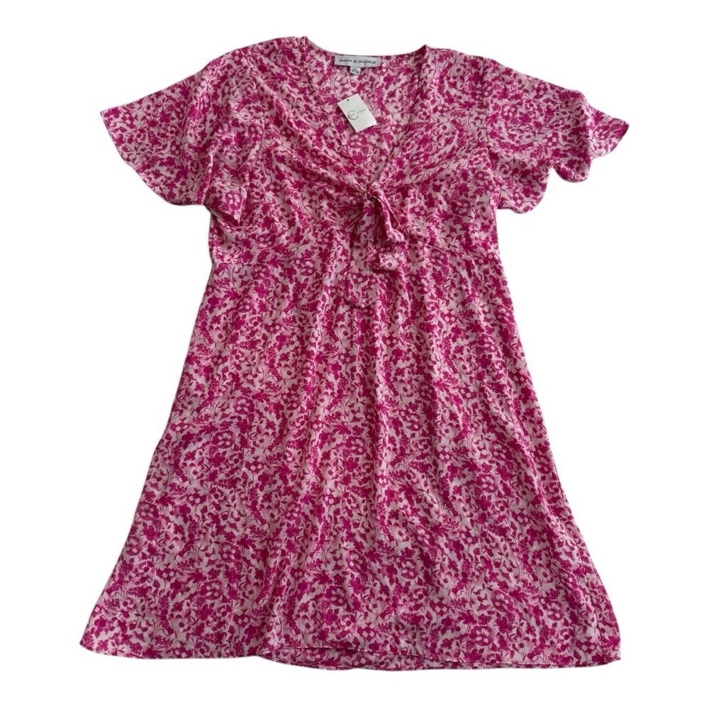 Pink Floral A-line Dress with Tie in front and flutter sleeve